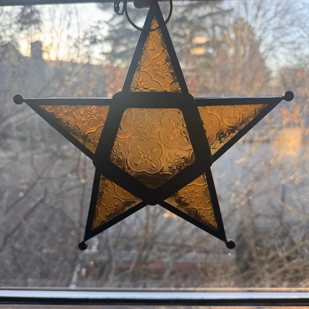 VTG Moroccan Star Style Amber Glass Metal Hanging Tea Light Candle Lantern 9.5